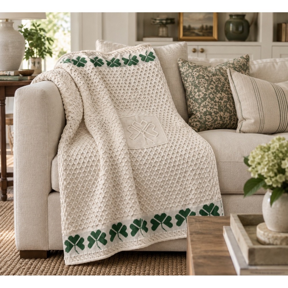 Standun Irish 100% Merino Wool Shamrock Aran Throw Blanket Cream Cable Knit